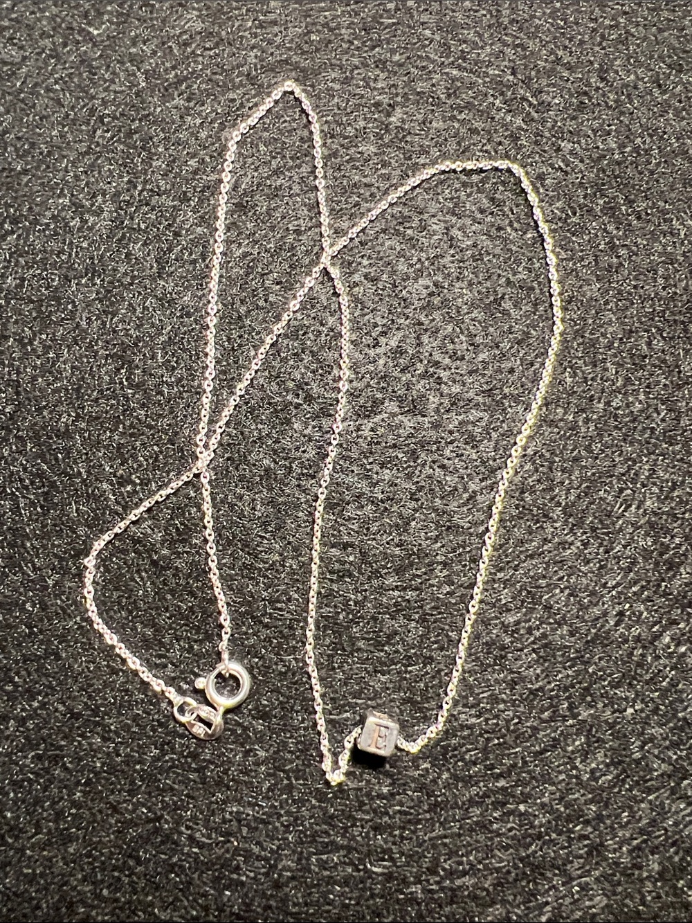 Tiffany &Co.Sterling Silver Initial 'E' Cube Pendant on non Tiffany Necklace 18” - Picture 2 of 4